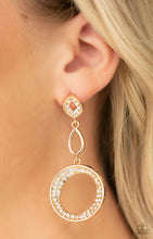 Load image into Gallery viewer, Paparazzi 💜 &quot;On the Glamour Scene&quot; -- White Rhinestone/Gold Earrings
